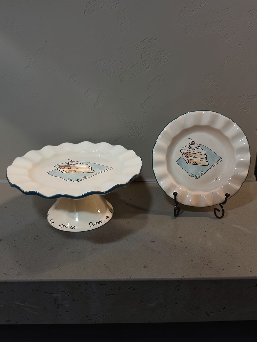 Cream Ceramic Cake Stand and Dessert Plate Set with Blue Trim